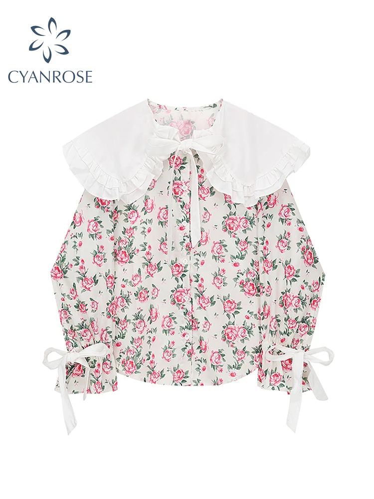 

Women Vintage Floral Print Shirts Long Sleeve Spring Fashion Peter Pan Collar Loose Office Ladies Female Sweet Elegant Blouses