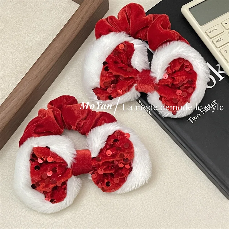 

Рождественское украшение для волос с бантом и блестками в виде большого кишечника, винтажная плюшевая Новогодняя красная резинка для волос, резинка для пучка, аксессуары для волос