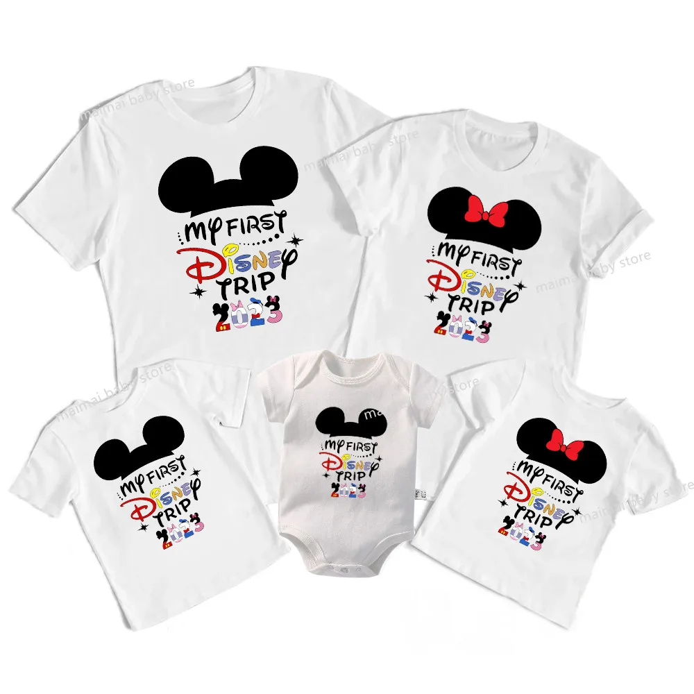 My First Disney Trip 2023 Family Matching Outfits Cotton Daddy Mommy and Me Kids Shirts Baby Romper Disney Vacation T Shirt Gift