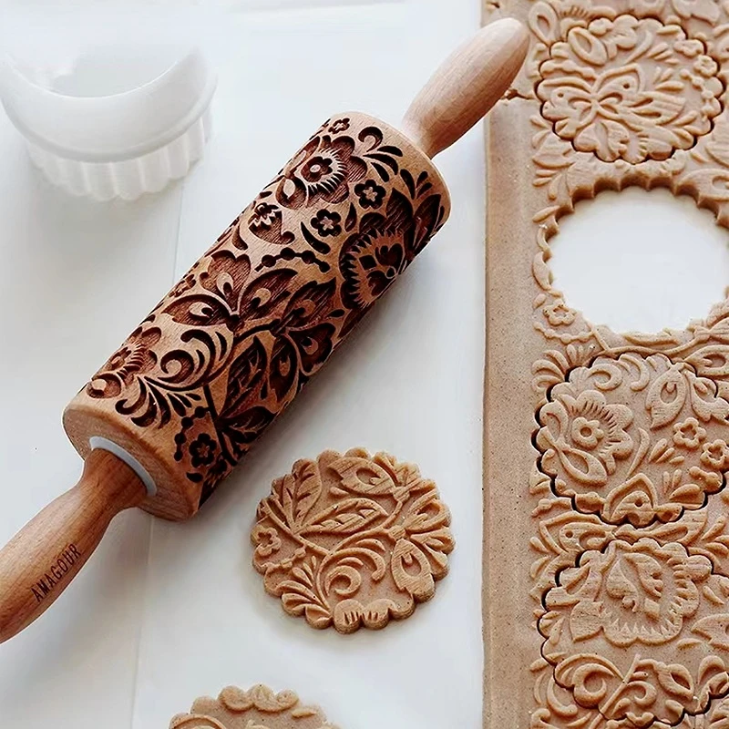 

Christmas Wooden Rolling Pin Print Carving Snowflake Elk Embosser Baking Cookie Mold Fudge Cake Pattern Roller Kitchen Utensils