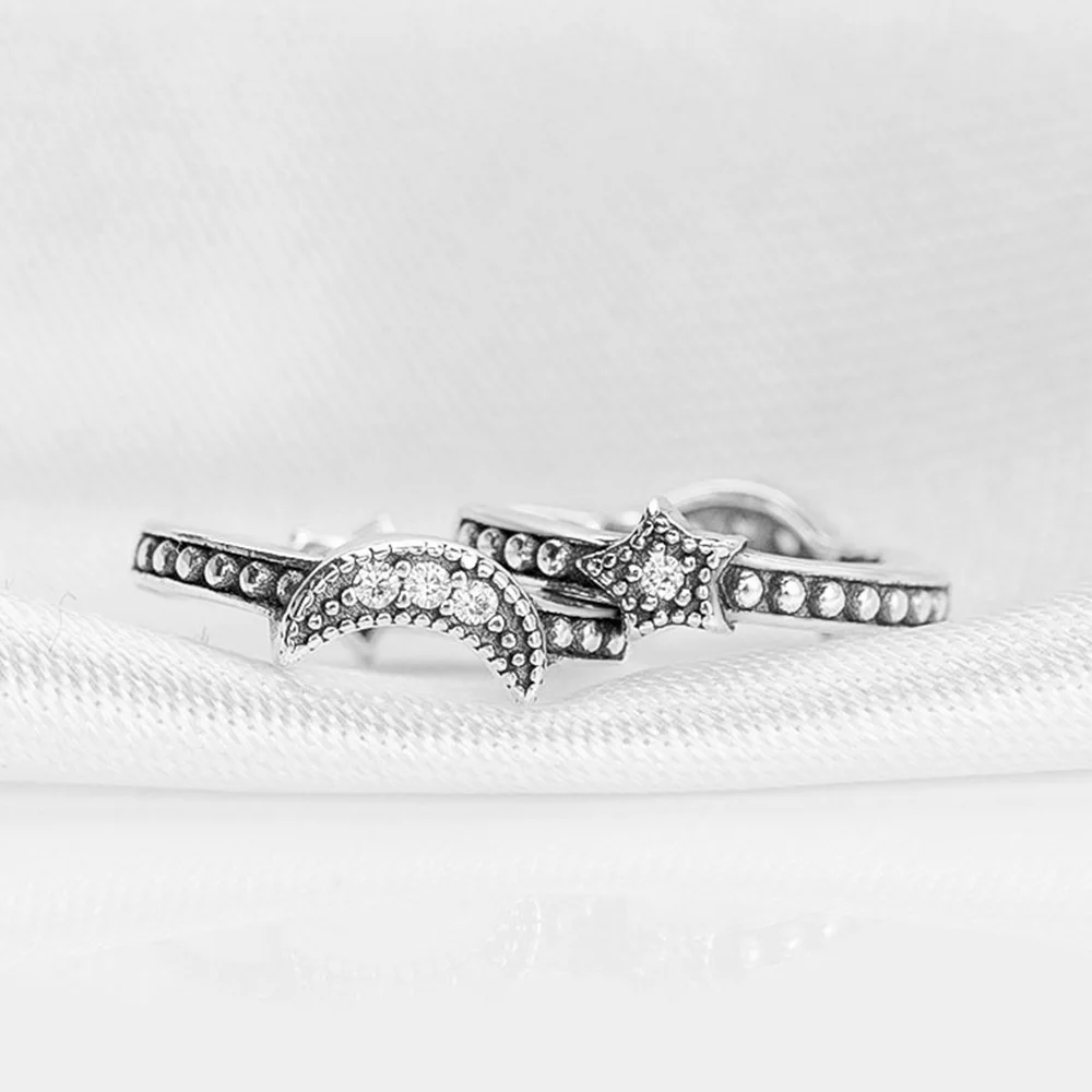 Pandora-Bague perlée lune et étoiles pour femme, boucle d'oreille en argent S925, beaux bijoux, cadeau avec sac grill