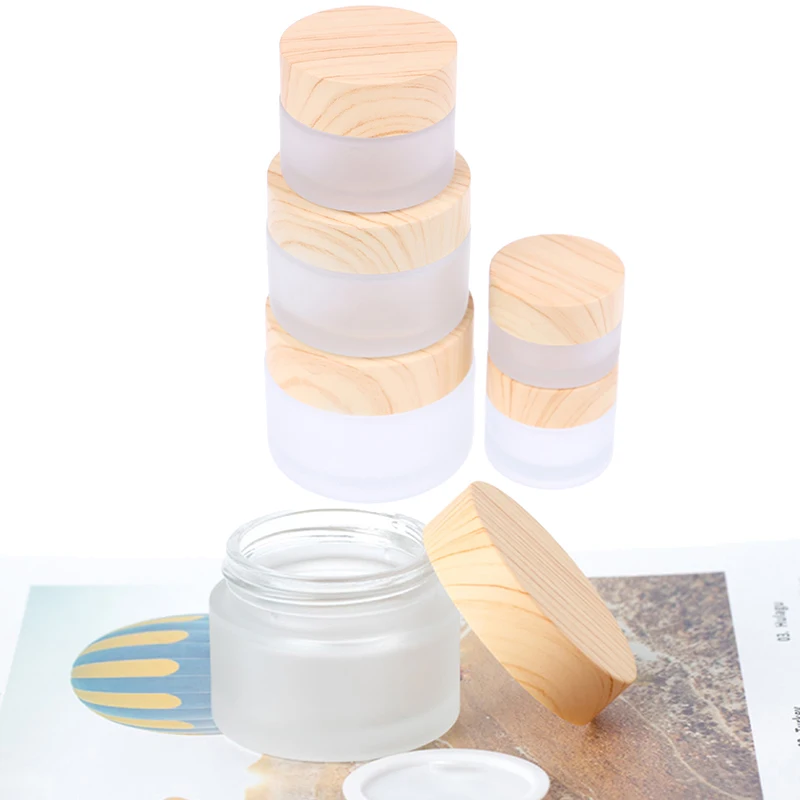 

Frosted Glass Jar Skin Care Eye Cream Jars Pot Refillable Bottle Cosmetic Container With Wood Grain Lid 5g 10g 15g 30g 50g