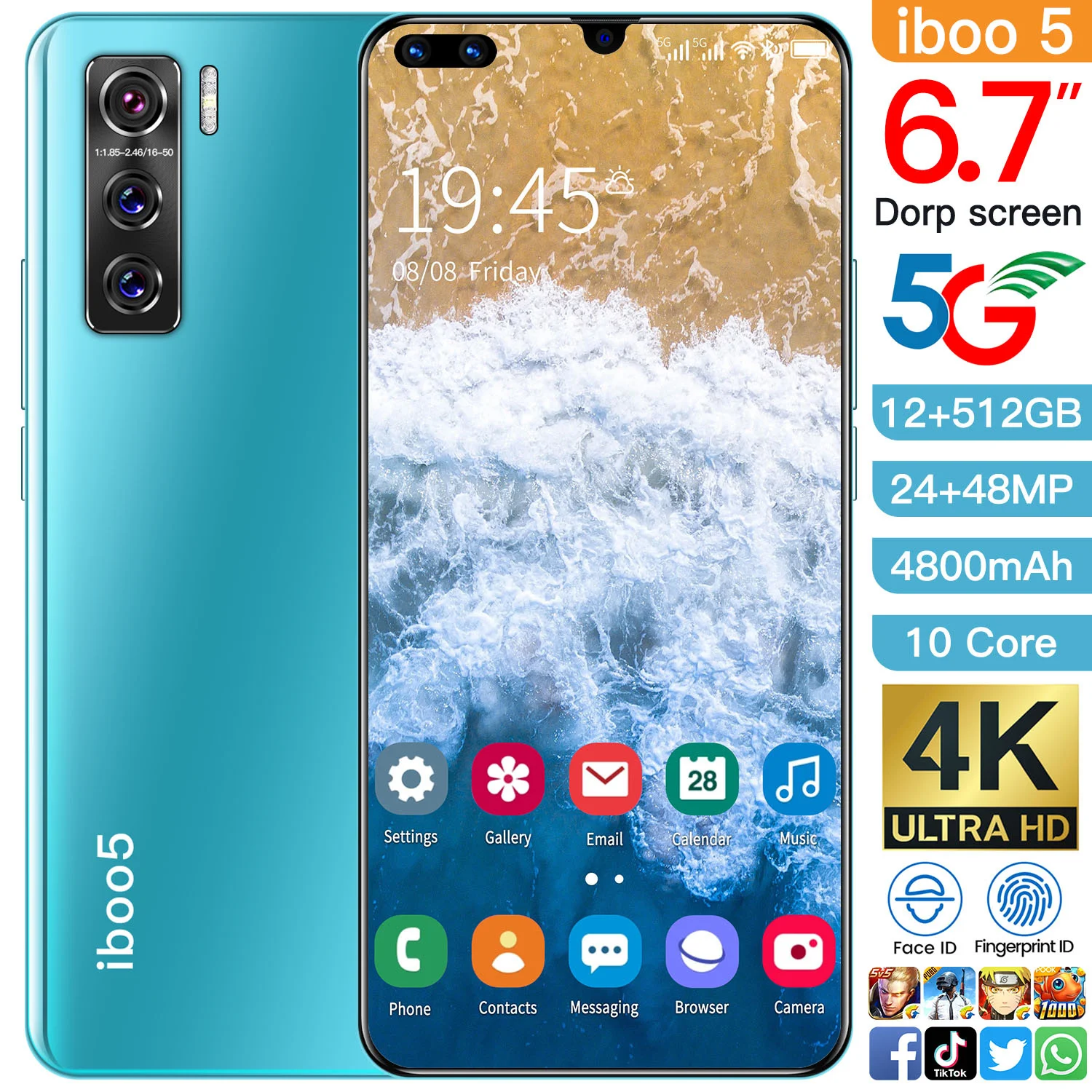 

Cectdigi iboo 5 SmartPhone 6.7 Inch Android 10.0 Smartphone 12GB RAM 512GB ROM Dual Sim Unlocked 4800mAh 4G/5G Mobile Phone