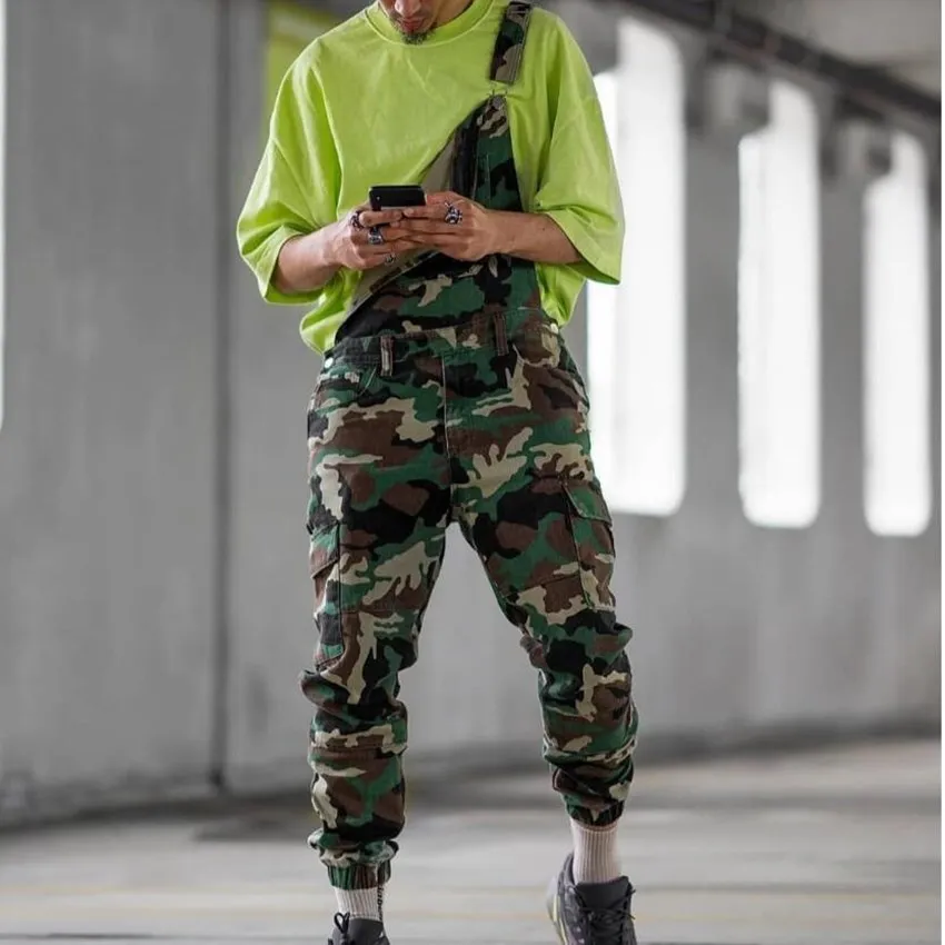 Stylish Mens Denim High-waisted Strap Overalls Jumpsuit Casual Pants High Street Pockets Jeans Fashion Jeans Male Plus Size