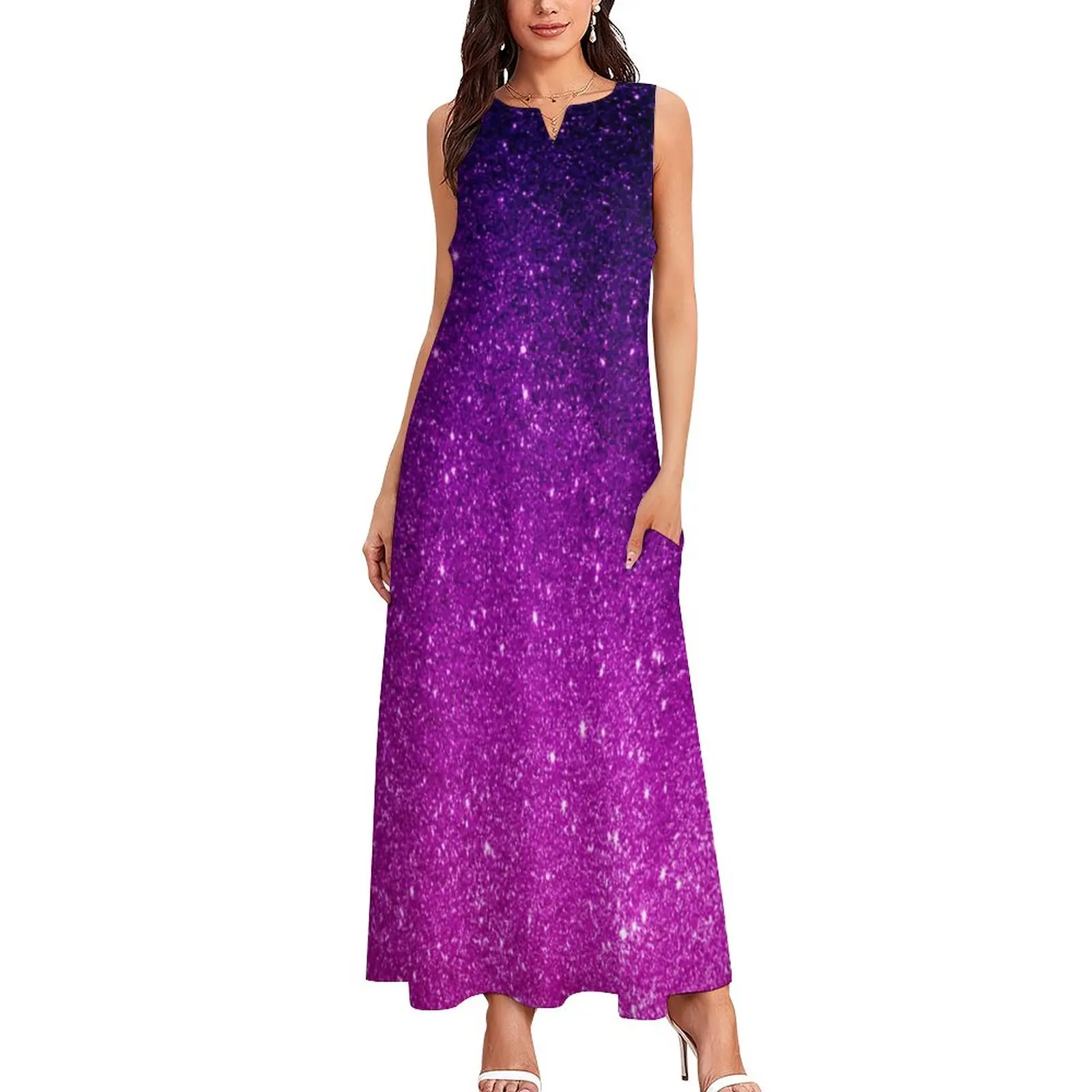 

Платье-макси с эффектом омбре, волшебное фиолетовое винтажное длинное платье с графическим принтом, Повседневная Уличная одежда без рукавов, большие размеры