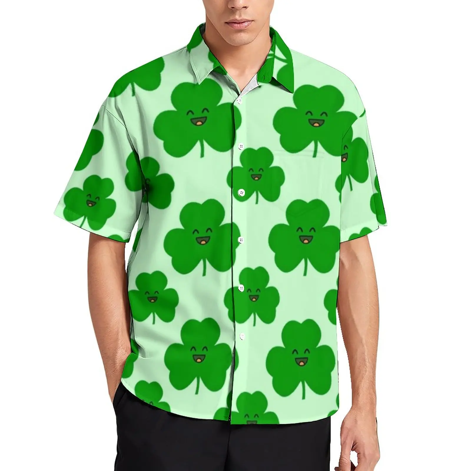 

Happy Shamrock Casual Shirts Cartoon Leaf Print Vacation Shirt Hawaiian Streetwear Blouses Man Print Plus Size