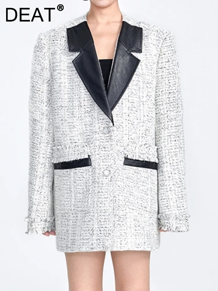 

DEAT Fashion Women Blazer Notched Collar Loose Single Breasted Long Sleeve Patchwork Tweed Suit Jackets Spring 2023 New 17A5342