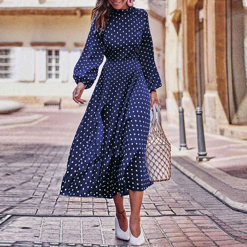 

Bohemian lantern long sleeve dot print MIDI dress women's elegant retro stand collar split autumn gown