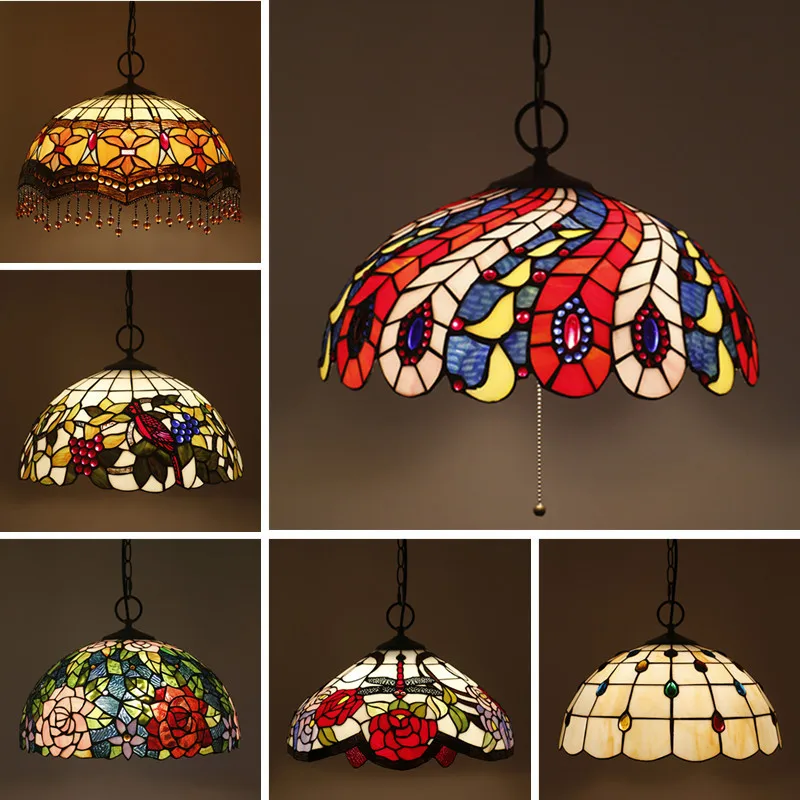 

Tiffany Retro Stained Glass Pendant Lights Vintage Mediterranean Baroque Hanging Lamp for Dining Room Bar Kitchen Light Fixtures