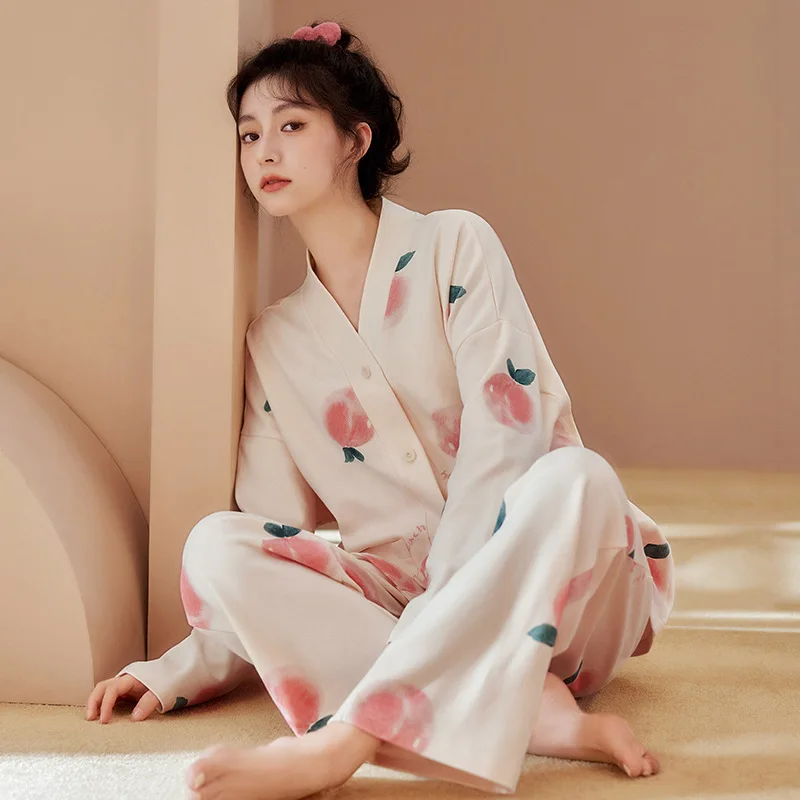 Yasuk Spring Autumn Fashion Women's Casual Lovely Print Cotton Pocket Sleepwear Homewear Cute Pajamas Set With Pants Peach Sweet