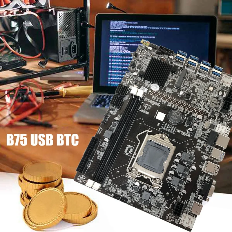 Новая майнинговая материнская плата NEW-B75 ETH с 8 слотами PCI-E на USB+процессором G550+кабелем Dual 6/8 Pin+кабелем SATA+кабелем переключателя LGA1155 B75 Mainboard on.