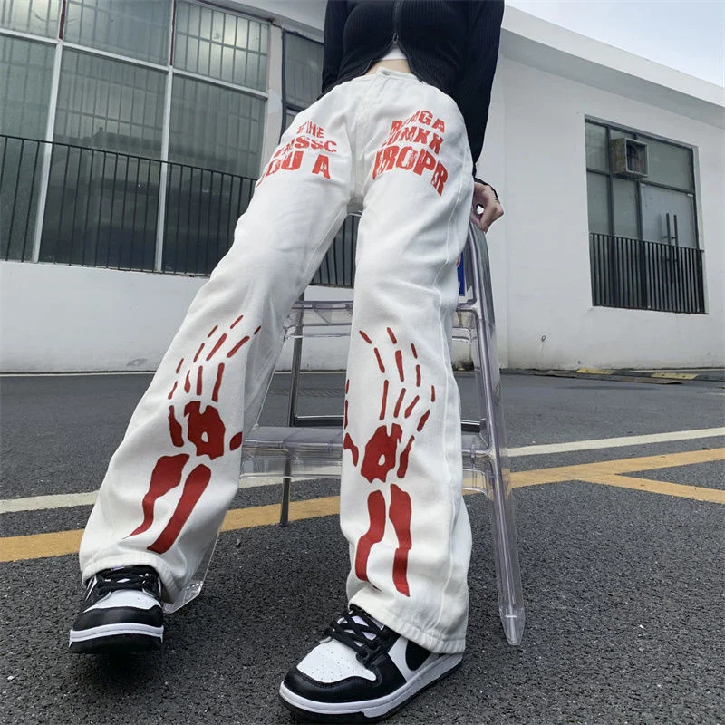 

2022 High Street Skeleton Hand Bone Jeans Tide Brand Ins Retro Street Washed White Straight Men Y2k Women Summer Autumn Trousers