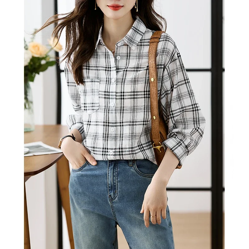 Женская шифоновая рубашка в клетку с рукавом