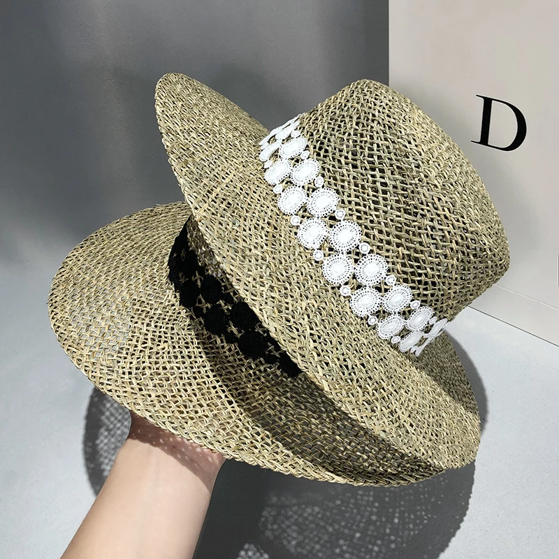 Natural Grasses 2022 Summer Straw Hat Women Lace Beach Cap Visor Protection Sun Hats Wide Brim Sunhat Chapeau Femme