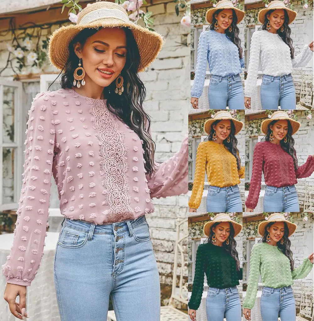 

Elegant Ladies Blouse Spring Summer 2022 Women's Blouse Round Neck Lantern Sleeve Loose Chiffon Blouse