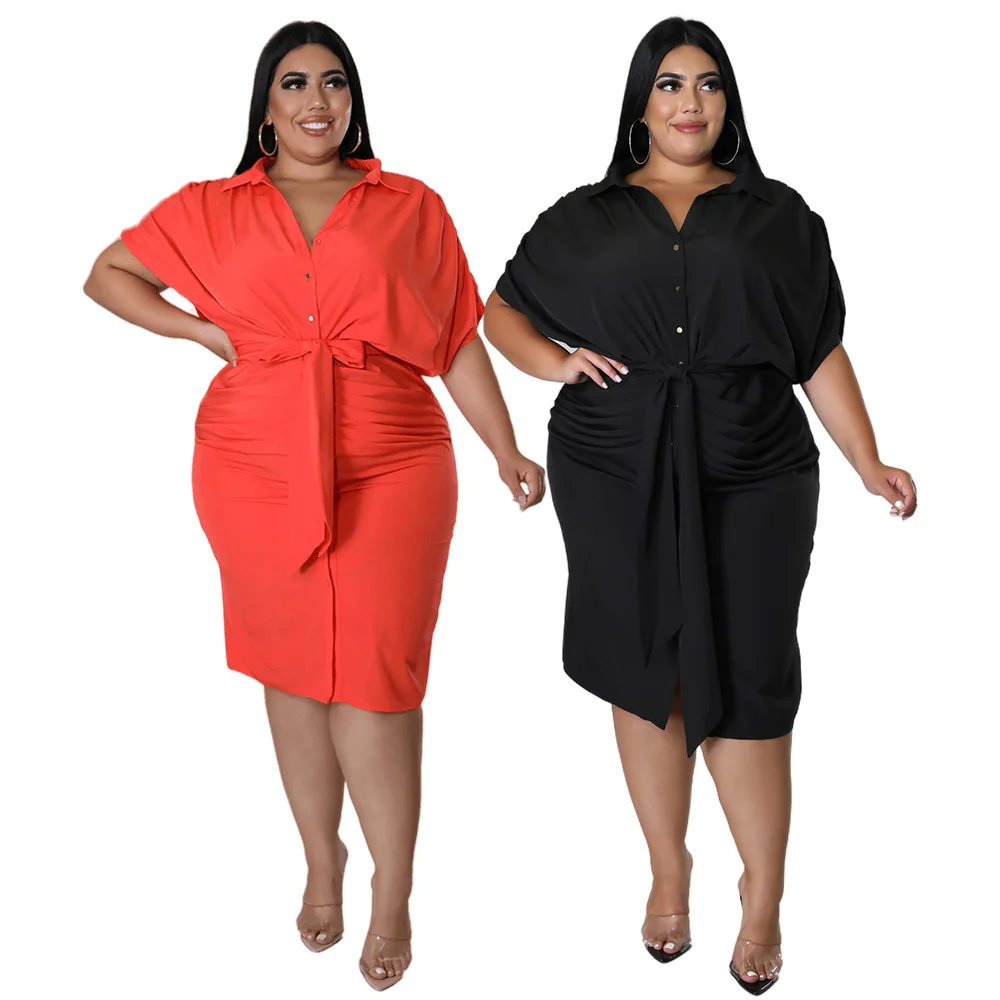 Plus Size Women's Dresses Fashion Casual Short-sleeved Belt Slim Solid Color Dresses Spring Summer Large Size Female Shirt Tops