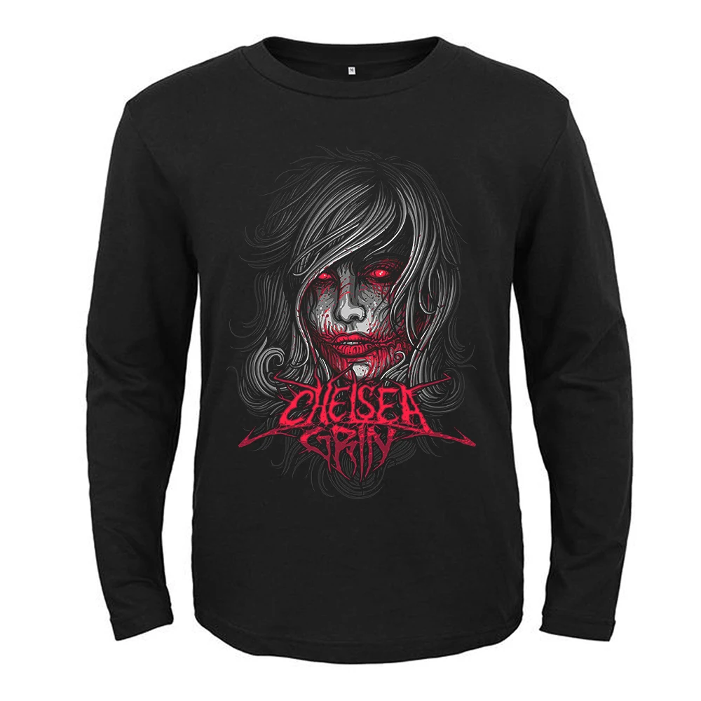 

Футболка мужская с круглым вырезом, хлопок, Повседневная рубашка с длинным рукавом, в стиле «Челси», с металлическим ремешком и американской дэтиккорд, уличная одежда в стиле хип-хоп, стиль Харадзюку