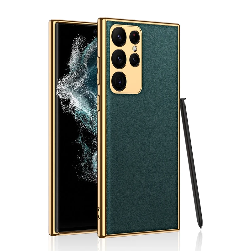 

For Samsung Galaxy S22 Ultra Case Luxury Electroplating Plain Leather Back Cover Soft Edge For Samsung S22 Ultra Anti-Scratch