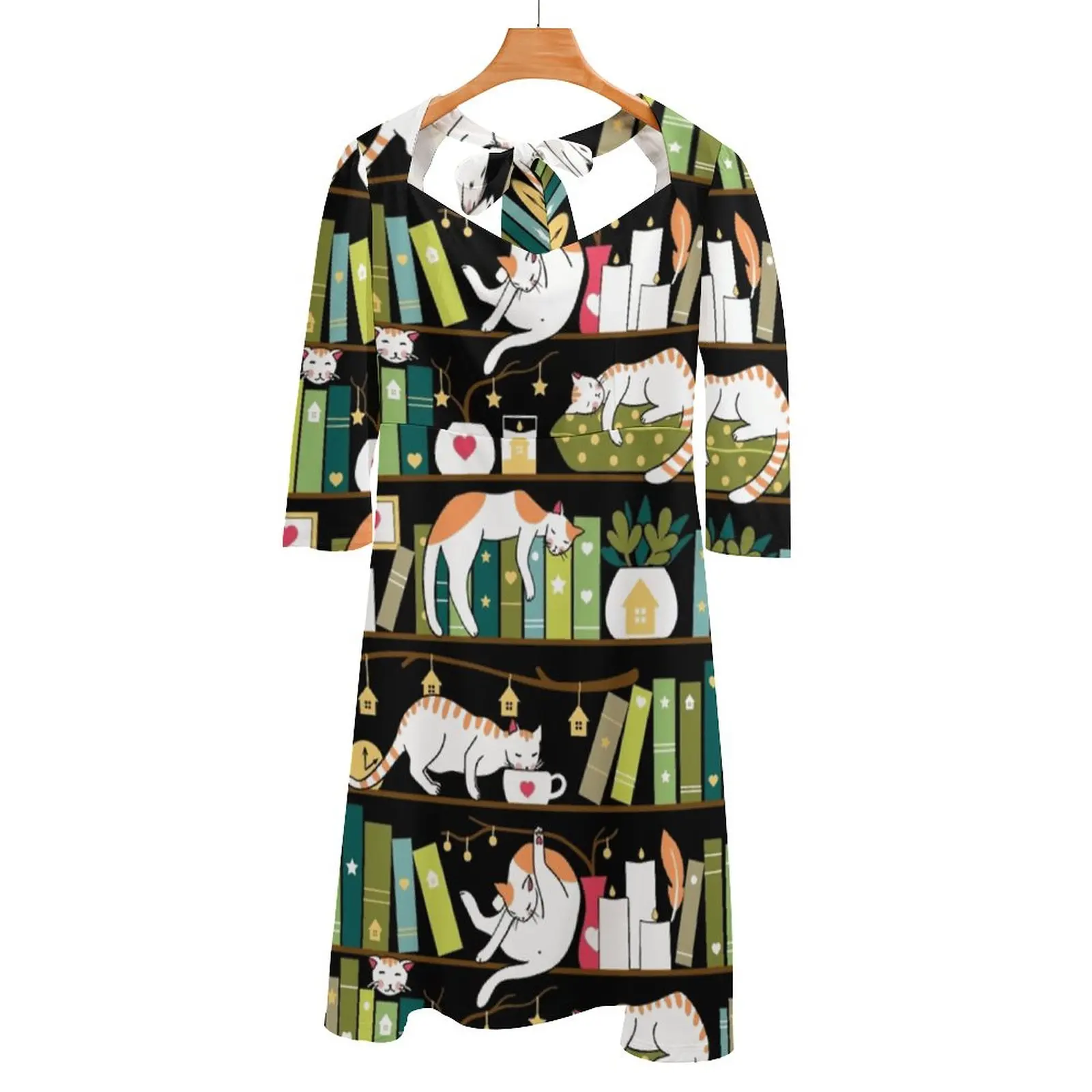 

Library Cats - Whimsical Cats On The Book Shelves Back Lacing Backless Dress Square Neck Dress New Elegant Women Waist Tight