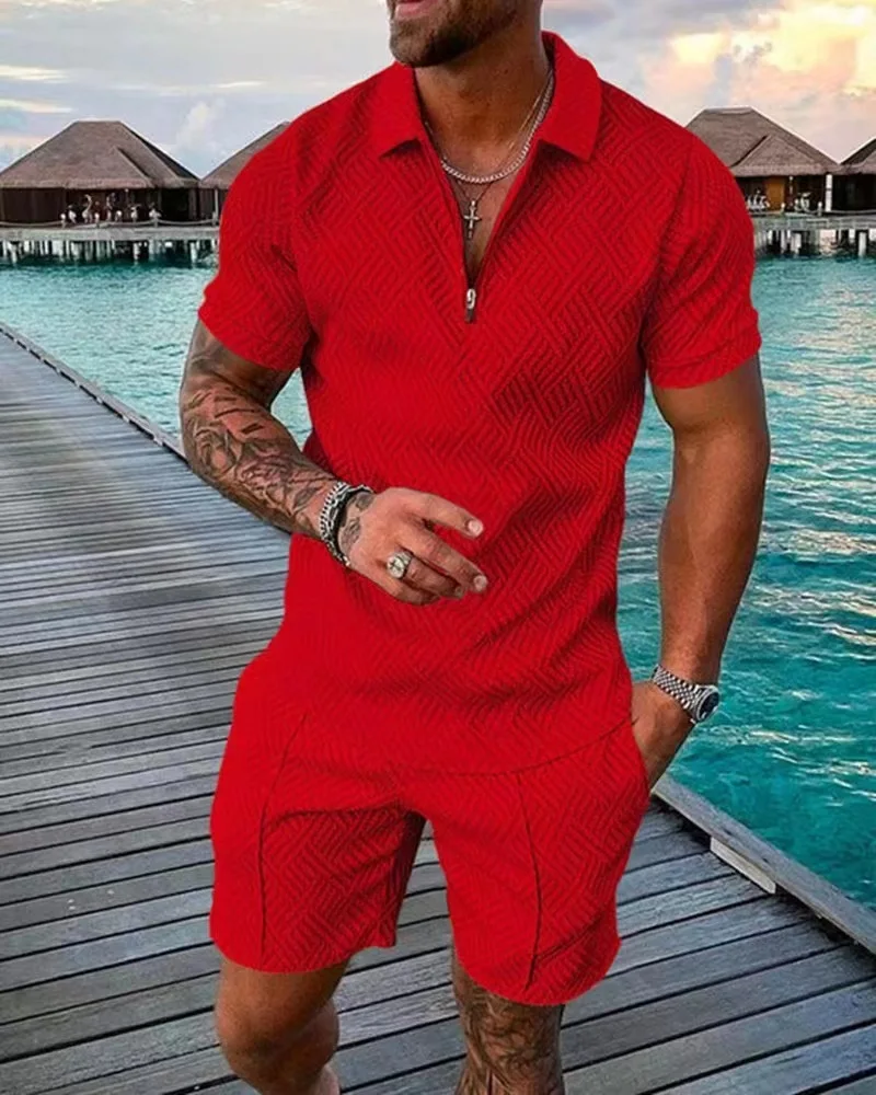 2023 New Men Sport Suit 2 Piece Sets Short sleeve Polo shirt men short Pant Male Summer pure color Casual Oversized Clothes