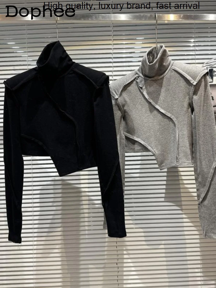 

Winter New 2023 Irregular Raw Hem Patchwork Turtleneck T-shirt Women Y2k Crop Tops Sexy Shoulder Pad Bottoming Tshirt Pullover