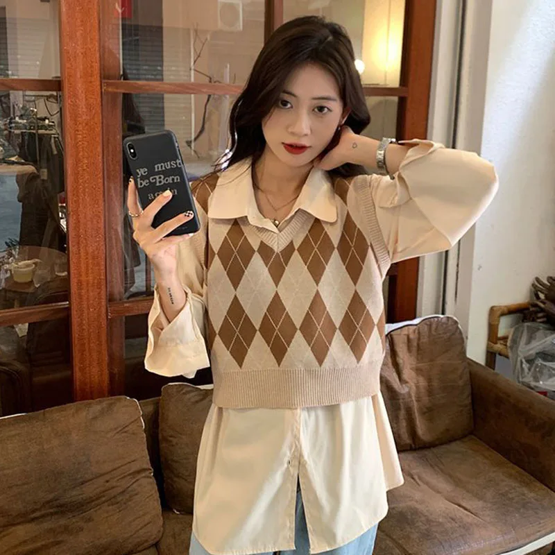 

Style Sweaters Knitted Girl Tops Lucyever Women Argyle Crop Retro Sleeveless Harajuku Vest Sweater Pattern Autumn Preppy V-neck