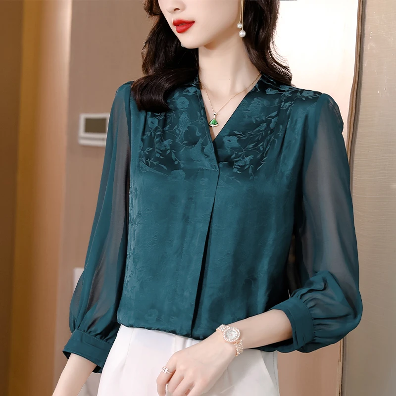 

2023 Summer Silk V-Neck Printed Women's Top Bohemian Casual Loose Size Long Sleeve Underlay Shirt Slim Shirt T-shirt