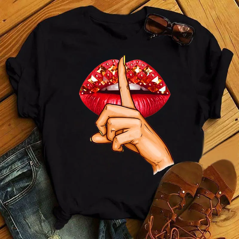 T Shirt New Women Fashion T-shirt Red Lips Print Tops Tee Female Cute Graphic Short Sleeve Tee Shirts Ladies O-neck Tops T-shirt