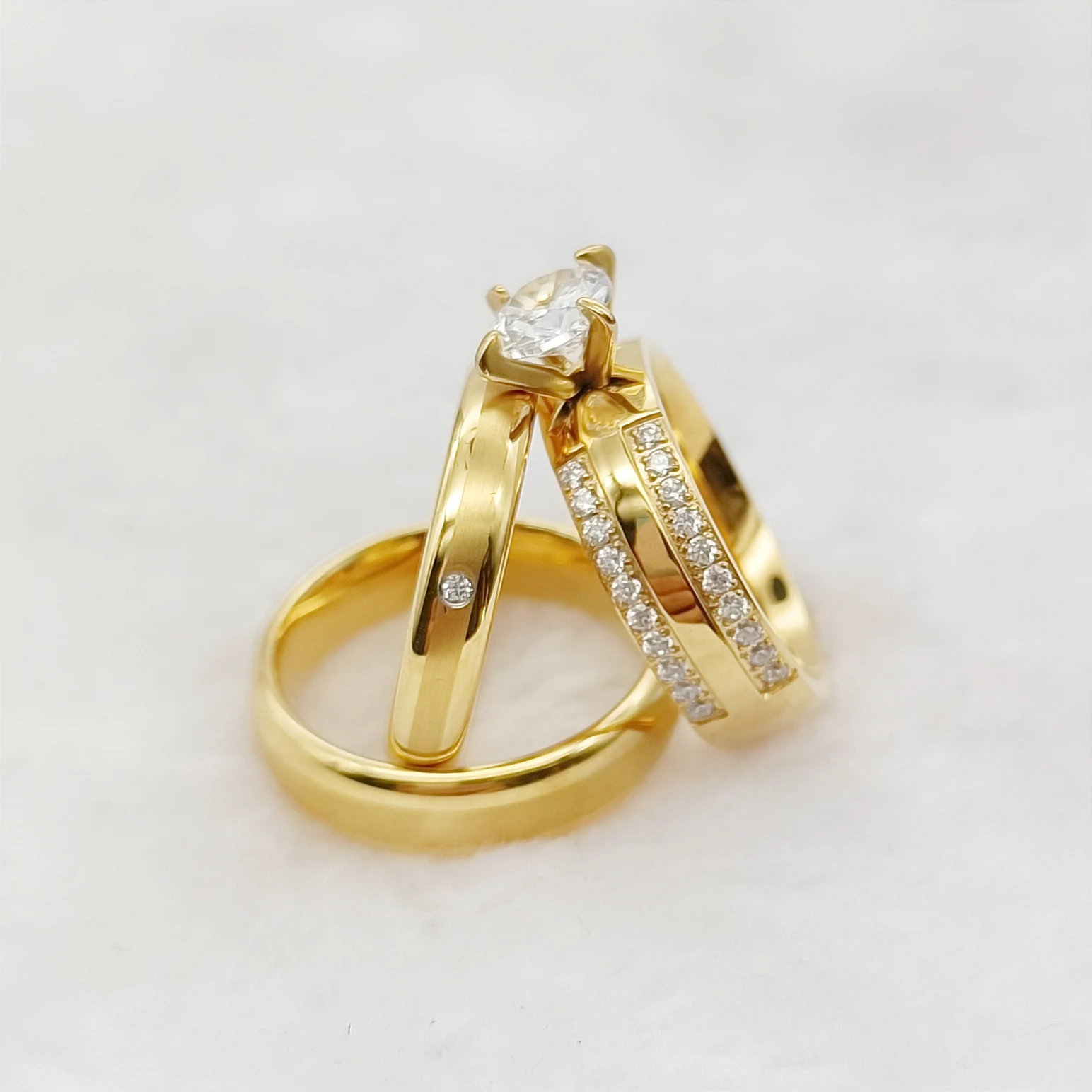 

3PCS Bridal Promise Wedding Engagement Rings Sets for Couples Domed Love 24k Gold Plated Jewelry Alliance