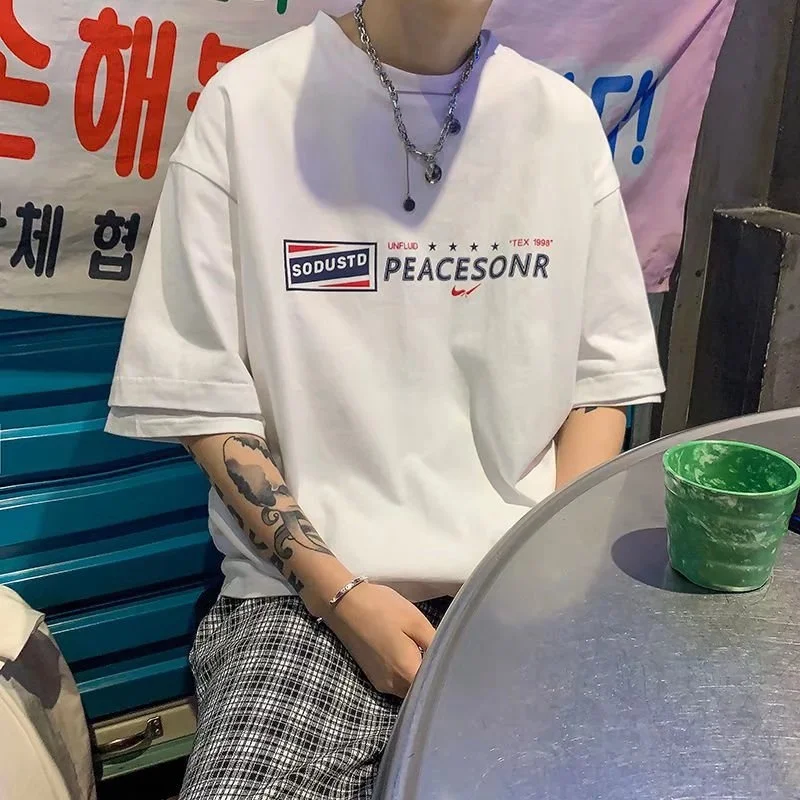 

Fake Two Pieces Men's T-shirt Korean Style ANIME CLOTHES Simple Japan Short Sleeve Blouse Kpop MAN Free Shipping Harajuku