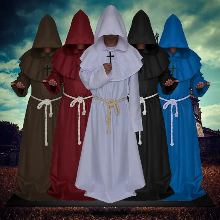 

Halloween Medieval Costume Men Women Vintage Renaissance Monk Cosplay Cowl Friar Priest Hooded Robe Rope Cloak Cape Clothing