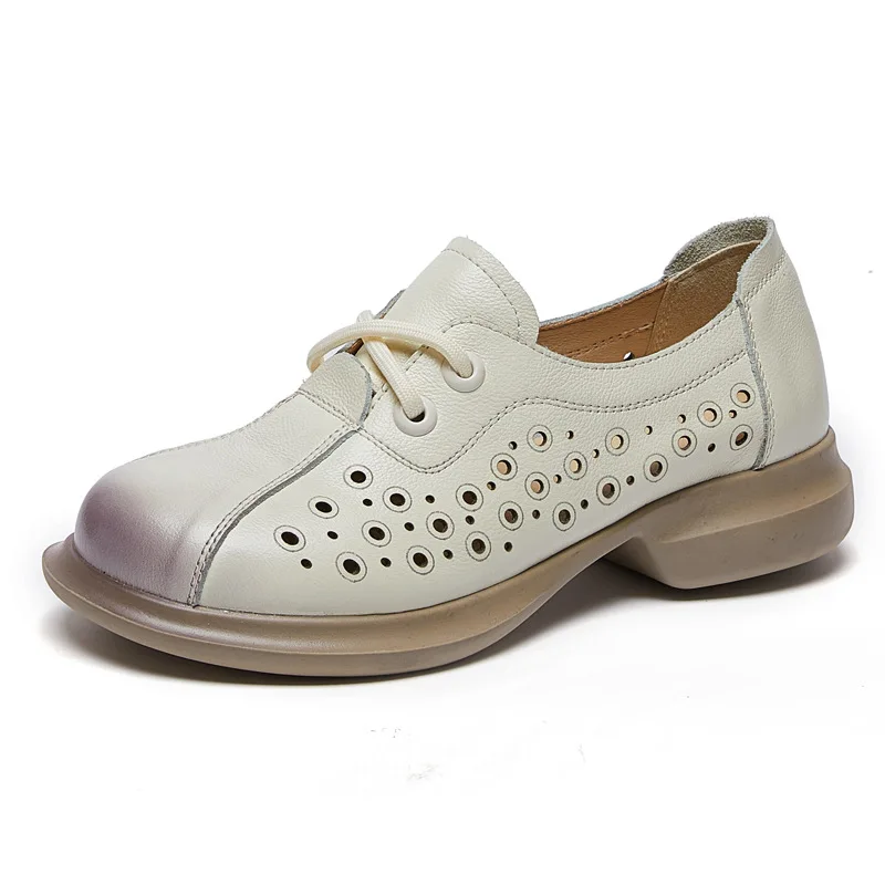 Hollow Out White Oxfords Flats Woman Lace Up Low Heels Classic Luxury Leather Ripple Womens Shoes Summer Driving Loafer Moccasin