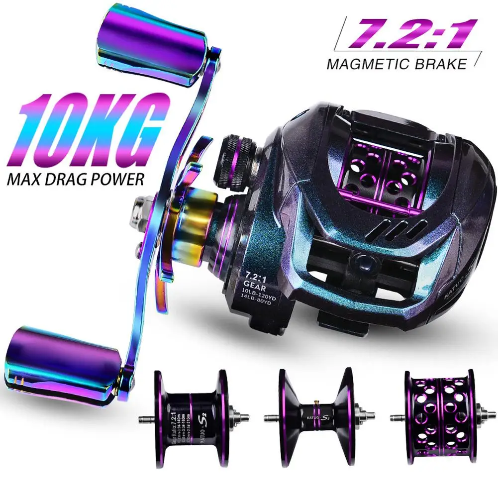

Colorful Metal Low-profile Reel Gear Ratio 7.2:1 Max Drag Power 10kg 9 Level Magnetic Brake System Fishing Reel