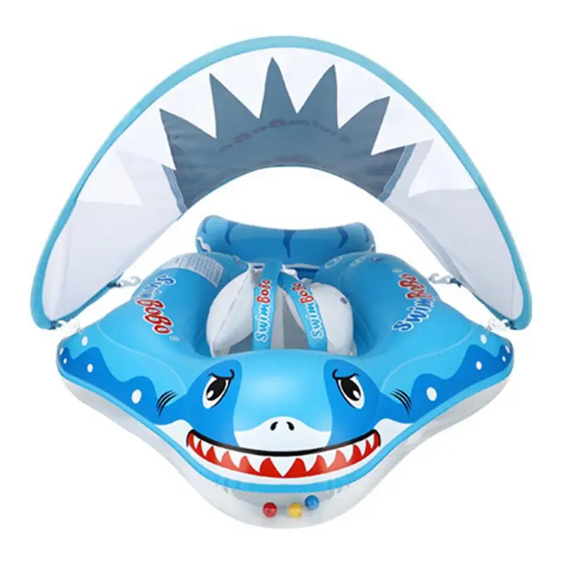 Sunshade Baby Swimming Ring Baby Pool Float With UPF 50 UV Sun Protection Canopy Sharks Shape Infant Pool Float For Kids Aged