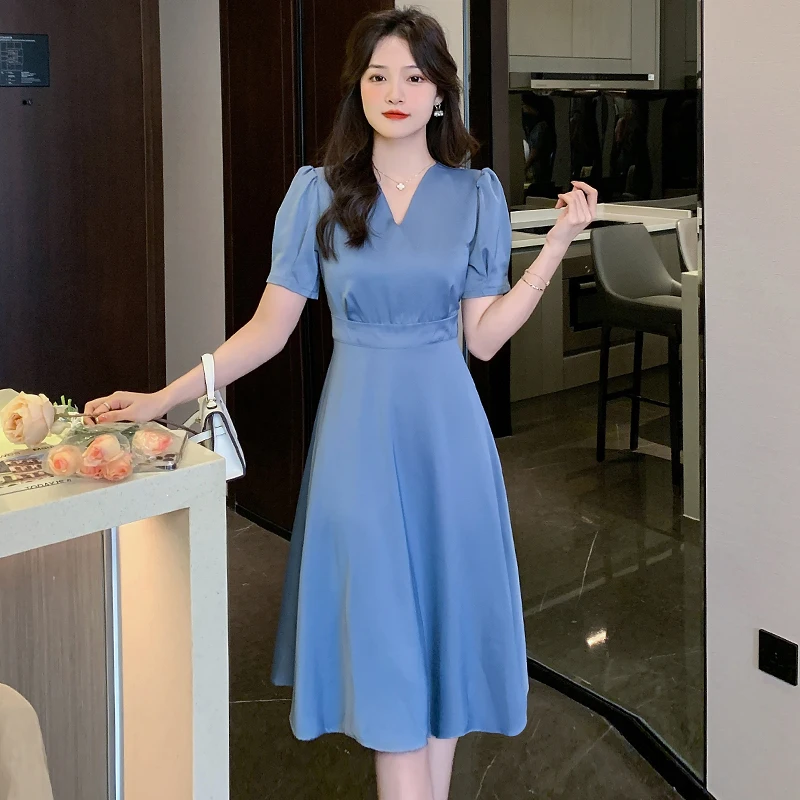 

Summer Dress Female Sexy Dress Korean Fashion Dress for Women High Waist Satin Elegant Women Dress V-Neck Long Dresses for Women