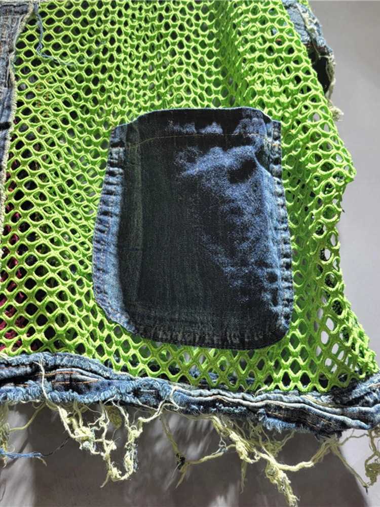 Женская джинсовая футболка с карманами DEAT Лоскутная контрастных цветов