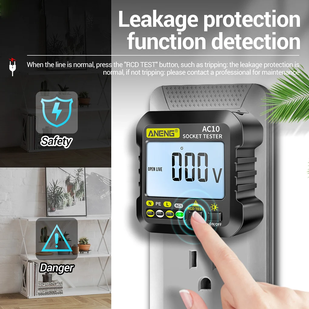 

ANENG Digital Power Socket Tester Voltmeter Hotel ABS Plastic Ground Zero Line Polarity Detector Testing Device US Plug