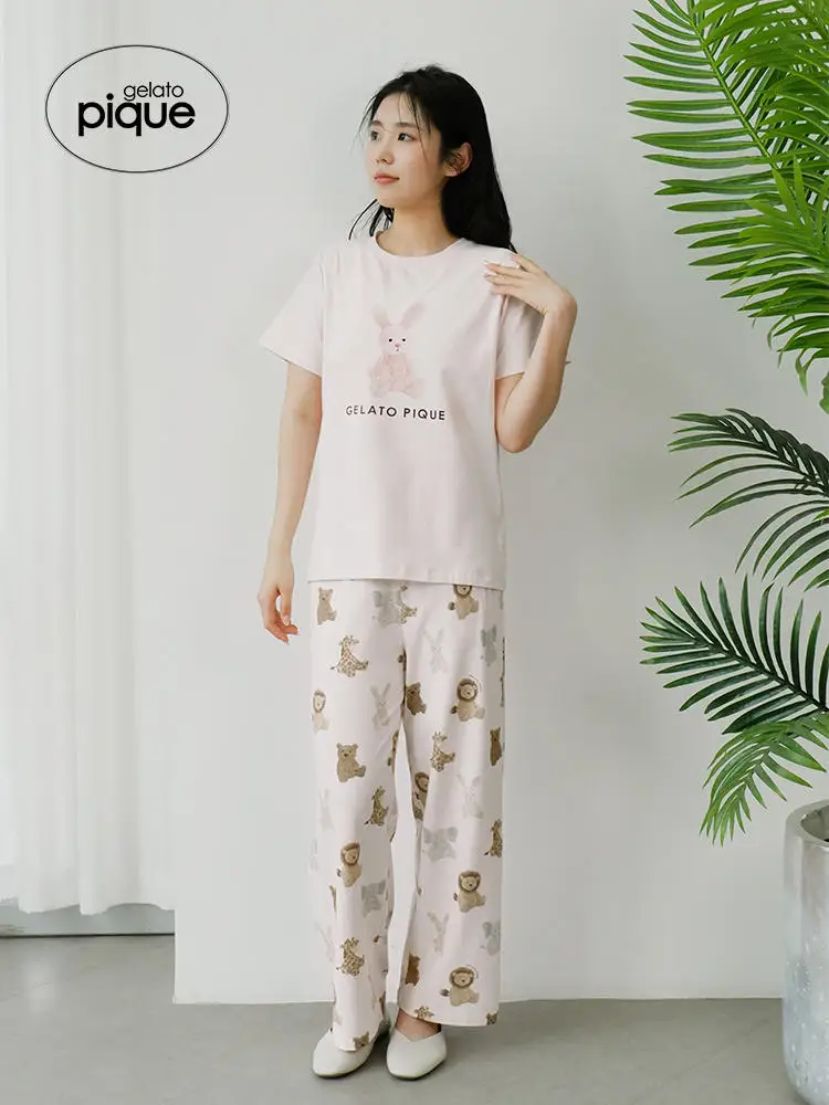 Tops Bottoms New Arrivals Room Wear Gelato Pique Summer Women's Pajamas Suit T-shirt Rabbit Lion Pattern