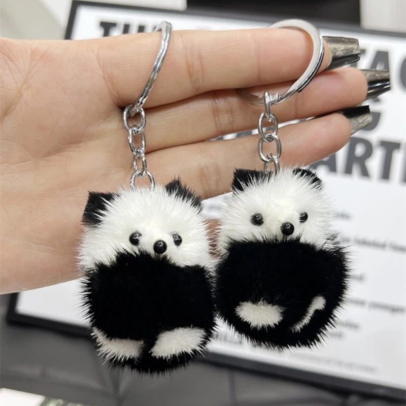 

Mink Fur Panda Keychain Bag Pendant Creative Cute Black White Panda Mobile Phone Bag Plush Keyring Accessories