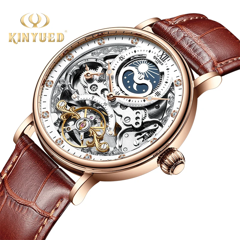 

KINYUED Men Mechanical Watches Man Tourbillon Leather Straps Waterproof Automatic Business Moon Phase Clocks Relogio Masculino