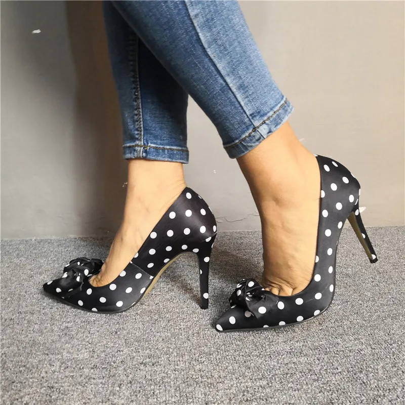 Sexy Bowtie Polka Dot Silk Pumps Women Black White Round Dot Pointed Toe Thin Heels Dress Single Shoes Wedding High Heels
