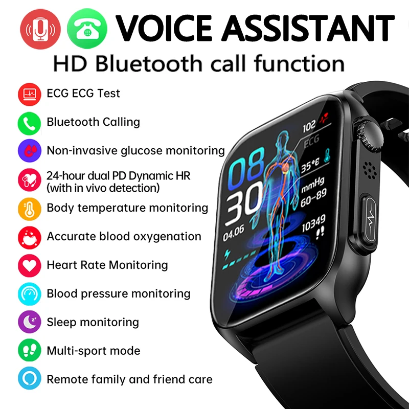 

Новинка 2023, Смарт-часы с функцией измерения уровня сахара в крови, ЭКГ + ППГ, Bluetooth, монитор здоровья, пульсометр и артериальное давление, спортивные Смарт-часы для мужчин
