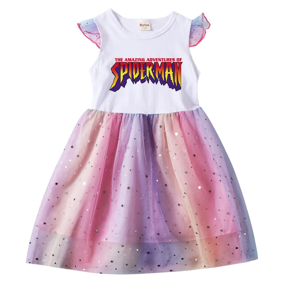 

2022 New Girls Princess Dress Kids Teen Cartoon Spiderman Print Kids Girls Short Skirt Dresses 2-10 Years Old