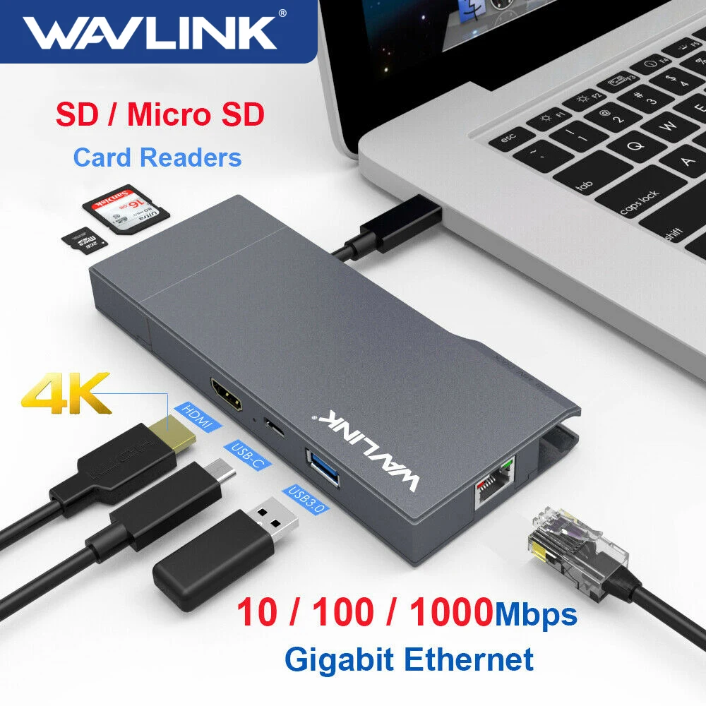 

Wavlink USB C Hub 4K HDMI-Compatible Docking Station with RJ45 Gigabit Ethernet Type C USB Hub 3.0 Card Reader for MacBook Pro