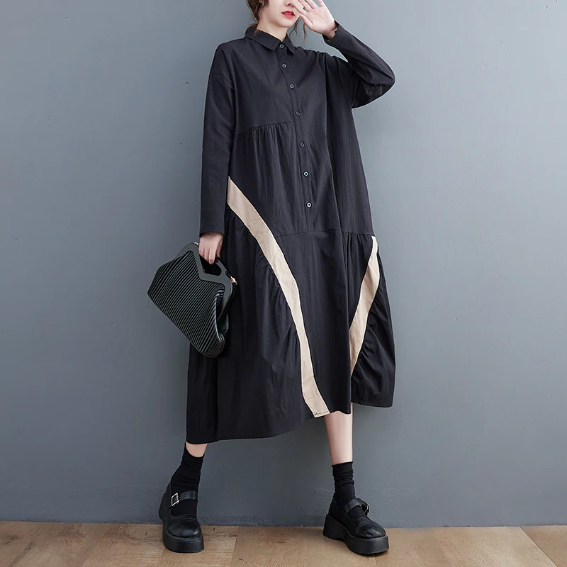 2023 Autumn Spring Korean Fashion Patchwork Long Sleeve Woman Dress Robe Casual Loose Plus Size Black Women Maxi Long Dresses