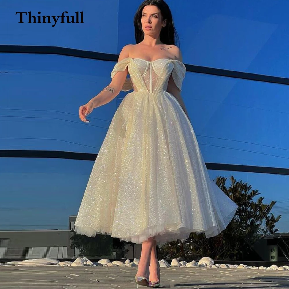 

Tinyfull Short A Line Shiny Sequins Wedding Dress Off Shoulder Long Princess Wedding Bridal Marriage Bride Gowns Dresses