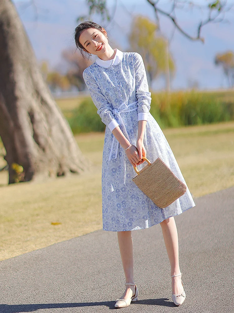 

Spring printed ladies' cotton linen dress women's spring 2022 new women's dress with thin waist and medium length skirt