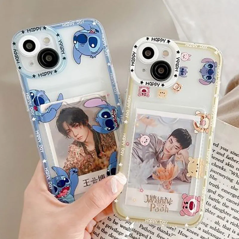 

INS Disney Stitch Wallet Card Holder Phone Case For iPhone 14 11 12 13 Pro MAX 7 8 Plus X XR XS Soft Silicone Transparent Cover