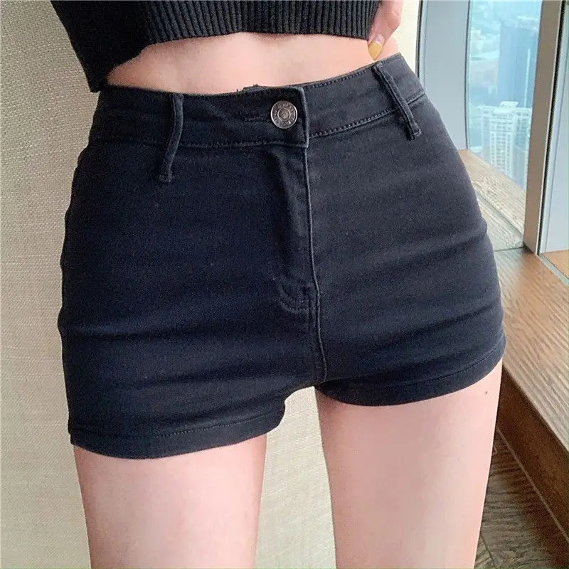 Summer New High Waist Elastic Denim Shorts Solid Color Slim Split Hem All-match Hot Pants Fashion Trend Women Clothing