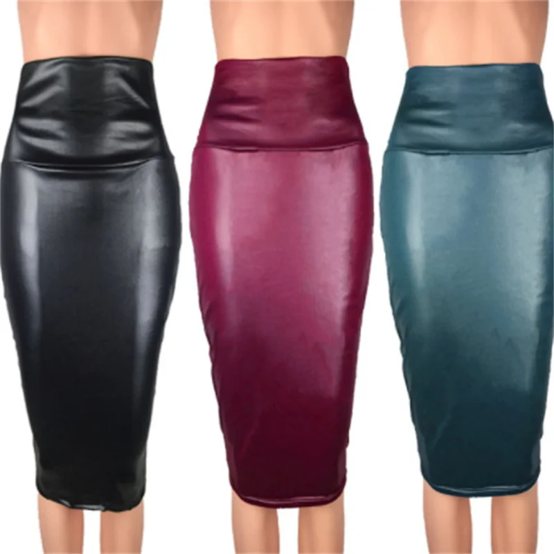 

2023 Women Spring Fake Faux Leather Skirt High Waist Package Hip Knee Length Split Skirt Office Ladies Slim Skirt Plus Size